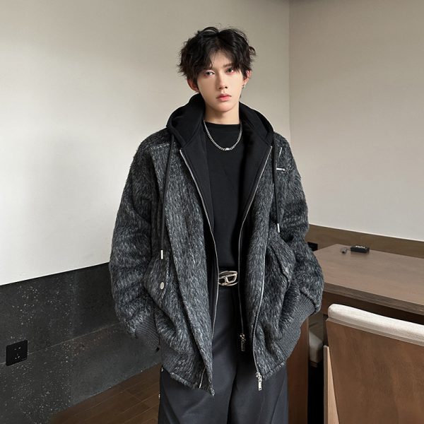 Grey woolen coat men's spring and autumn hooded jacket zipper solid color - Image 2