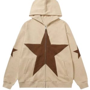 Five cornered star patch embroidered printed hooded sweatshirt with zipper sweatshirt for men