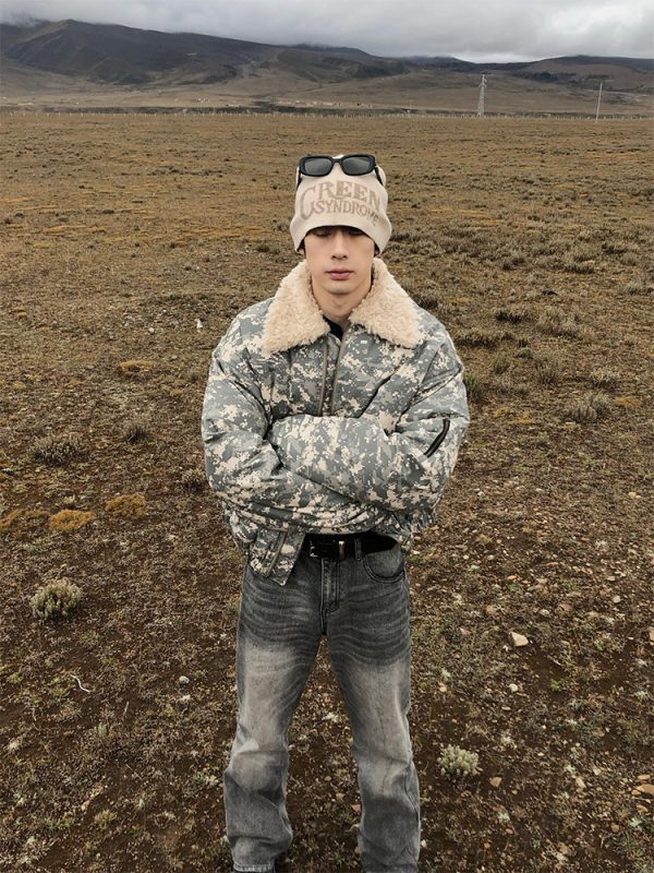 American retro camouflage flight jacket men's winter lambswool collar cotton coat short puffer jacket - Image 3