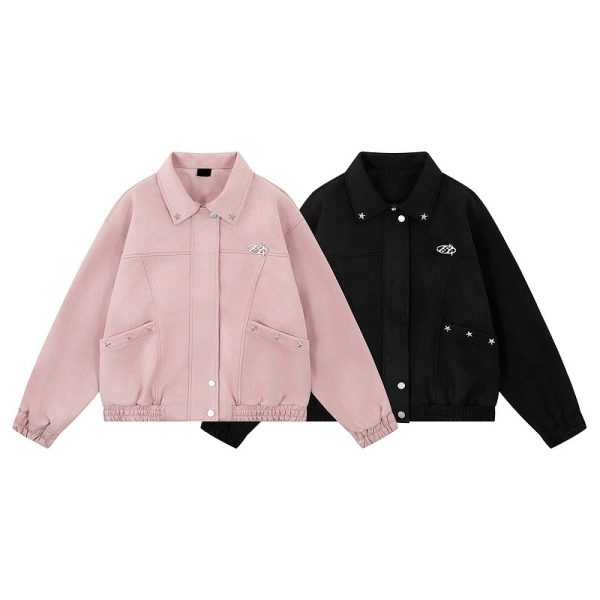 Pink Lapel Jacket for Men and Women Loose Casual Couple Suede Jacket - Image 3