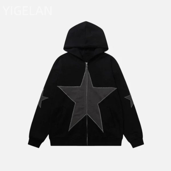 Five cornered star patch embroidered printed hooded sweatshirt with zipper sweatshirt for men - Image 3