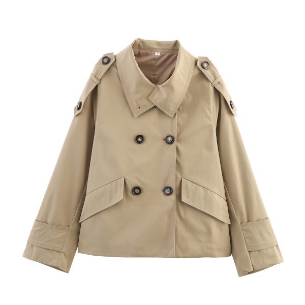 Elegant Stand Collar Double-Breasted Waist-Tied Short Coat for Women - Image 3