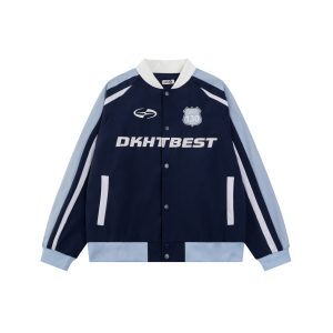 Splicing contrasting embroidered stand up collar jacket for men and women