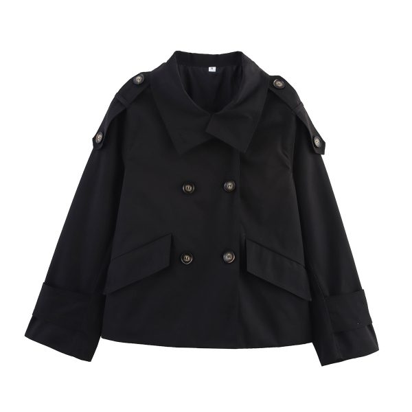 Elegant Stand Collar Double-Breasted Waist-Tied Short Coat for Women - Image 4