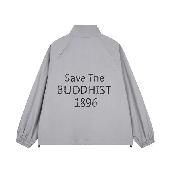 Color blocking letter printed stand up collar trench coat for men and women - Image 3