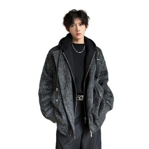 Grey woolen coat men's spring and autumn hooded jacket zipper solid color