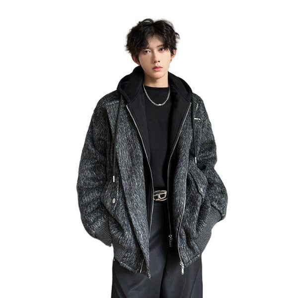 Grey woolen coat men's spring and autumn hooded jacket zipper solid color