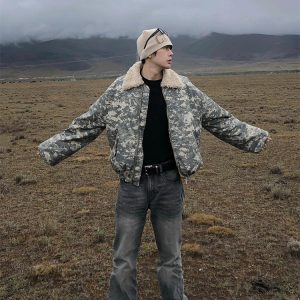 American retro camouflage flight jacket men's winter lambswool collar cotton coat short puffer jacket