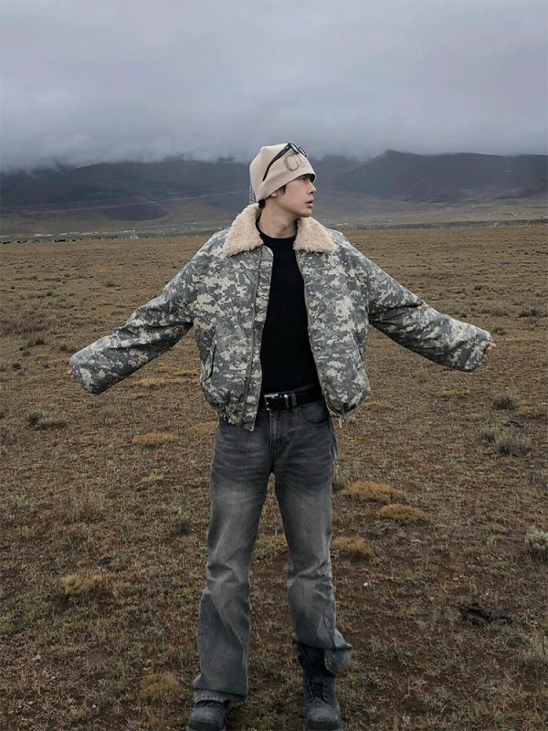 American retro camouflage flight jacket men's winter lambswool collar cotton coat short puffer jacket