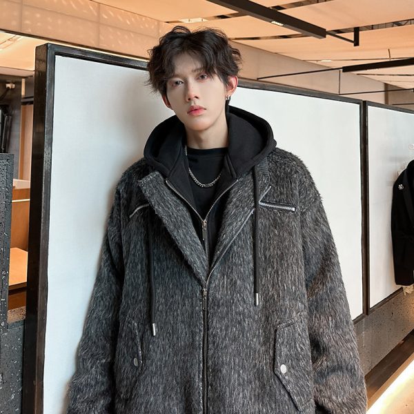 Grey woolen coat men's spring and autumn hooded jacket zipper solid color - Image 5