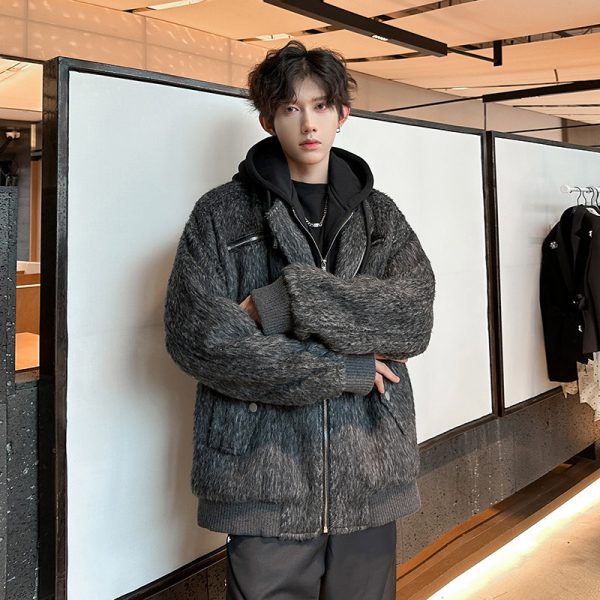 Grey woolen coat men's spring and autumn hooded jacket zipper solid color - Image 4