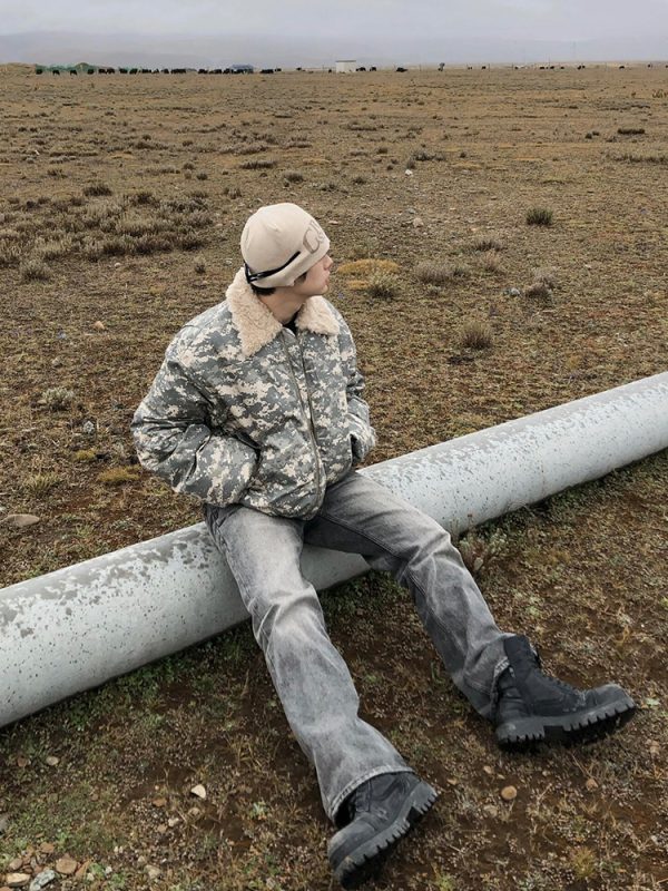 American retro camouflage flight jacket men's winter lambswool collar cotton coat short puffer jacket - Image 2