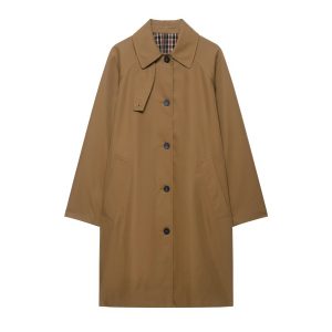 Collar long sleeved single breasted mid length trench coat for women
