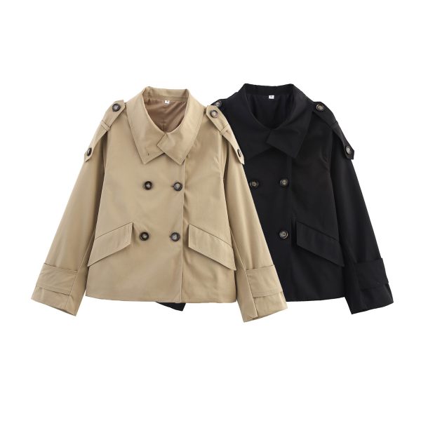 Elegant Stand Collar Double-Breasted Waist-Tied Short Coat for Women - Image 2
