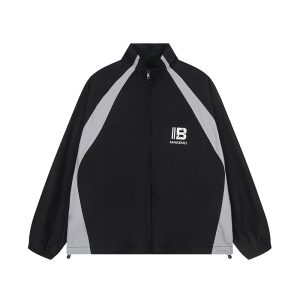 Color blocking letter printed stand up collar trench coat for men and women