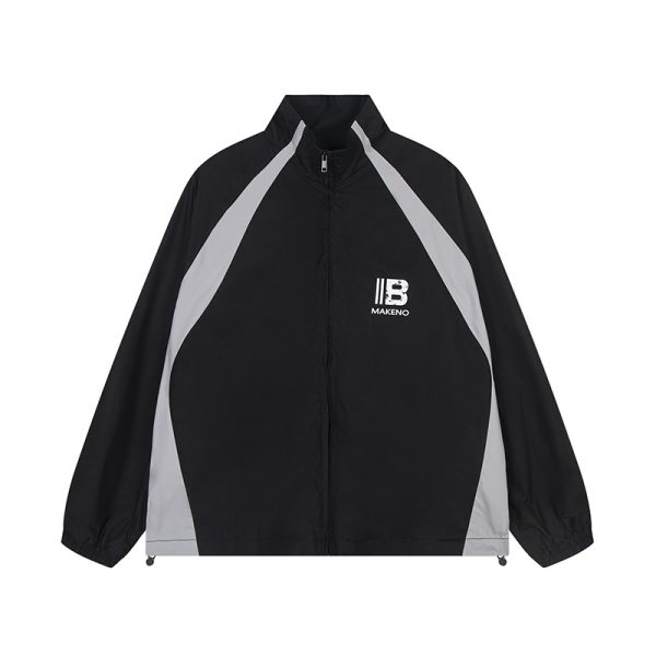 Color blocking letter printed stand up collar trench coat for men and women - Image 6