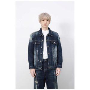 Vintage Hong Kong Style  Washed Loose Collar Denim Jacket for Men and Women Street Hip Hop Trendy