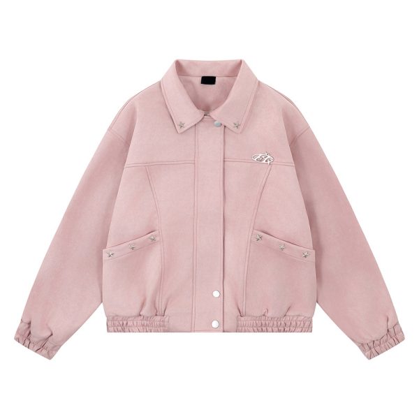 Pink Lapel Jacket for Men and Women Loose Casual Couple Suede Jacket - Image 4