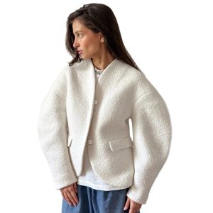 Thick Woolen Coat for Women with V-neck Solid Color Design Sense Top