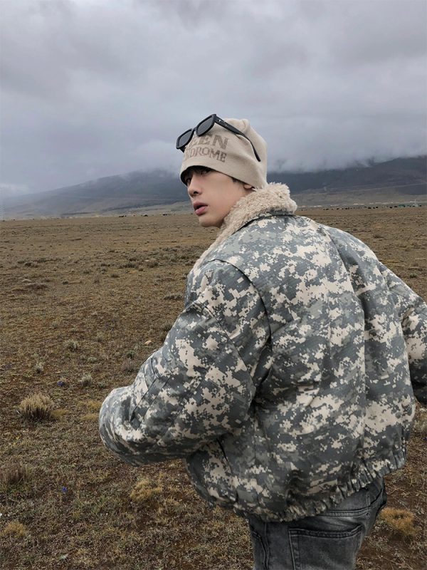 American retro camouflage flight jacket men's winter lambswool collar cotton coat short puffer jacket - Image 4