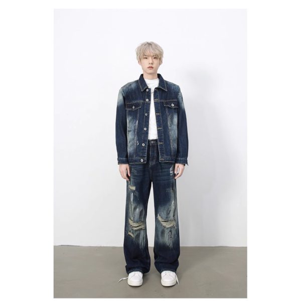 Vintage Hong Kong Style  Washed Loose Collar Denim Jacket for Men and Women Street Hip Hop Trendy - Image 3
