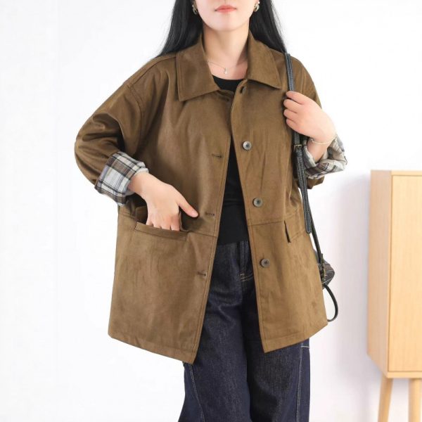 Autumn Windbreaker Coat Plaid Splicing  Style Retro High-Grade Workwear Overcoat