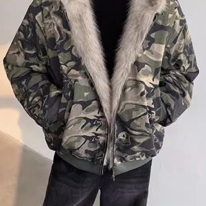 Retro washed camouflage fur collar hooded jacket with thick coat