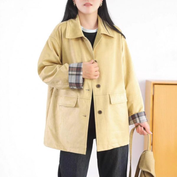 Autumn Windbreaker Coat Plaid Splicing  Style Retro High-Grade Workwear Overcoat - Image 2