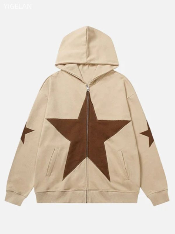 Five cornered star patch embroidered printed hooded sweatshirt with zipper sweatshirt for men - Image 6