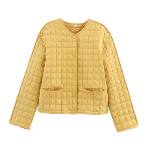 Round Neck Long Sleeve Single Breasted Plaid Cotton Coat Jacket