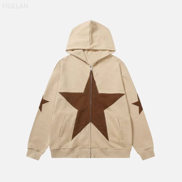 Five cornered star patch embroidered printed hooded sweatshirt with zipper sweatshirt for men - Image 2