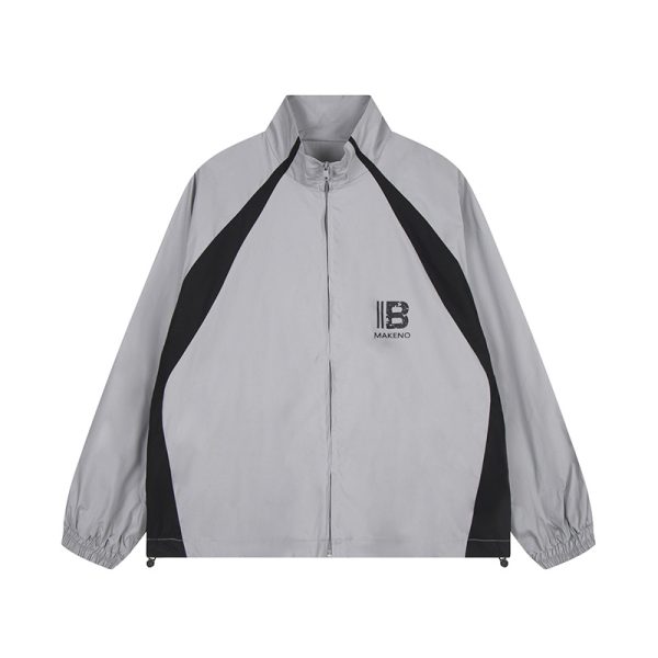 Color blocking letter printed stand up collar trench coat for men and women - Image 7