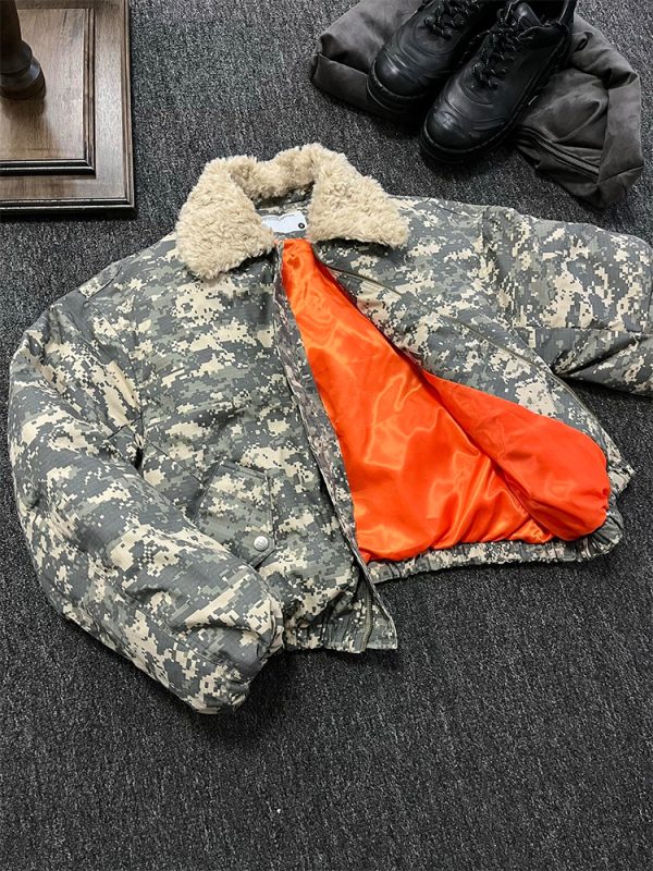 American retro camouflage flight jacket men's winter lambswool collar cotton coat short puffer jacket - Image 5