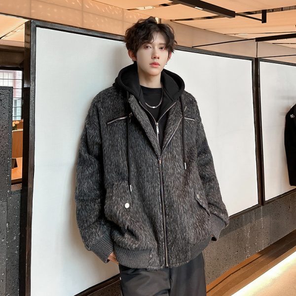 Grey woolen coat men's spring and autumn hooded jacket zipper solid color - Image 3