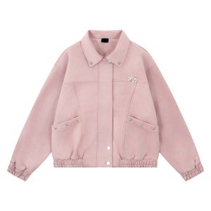 Pink Lapel Jacket for Men and Women Loose Casual Couple Suede Jacket